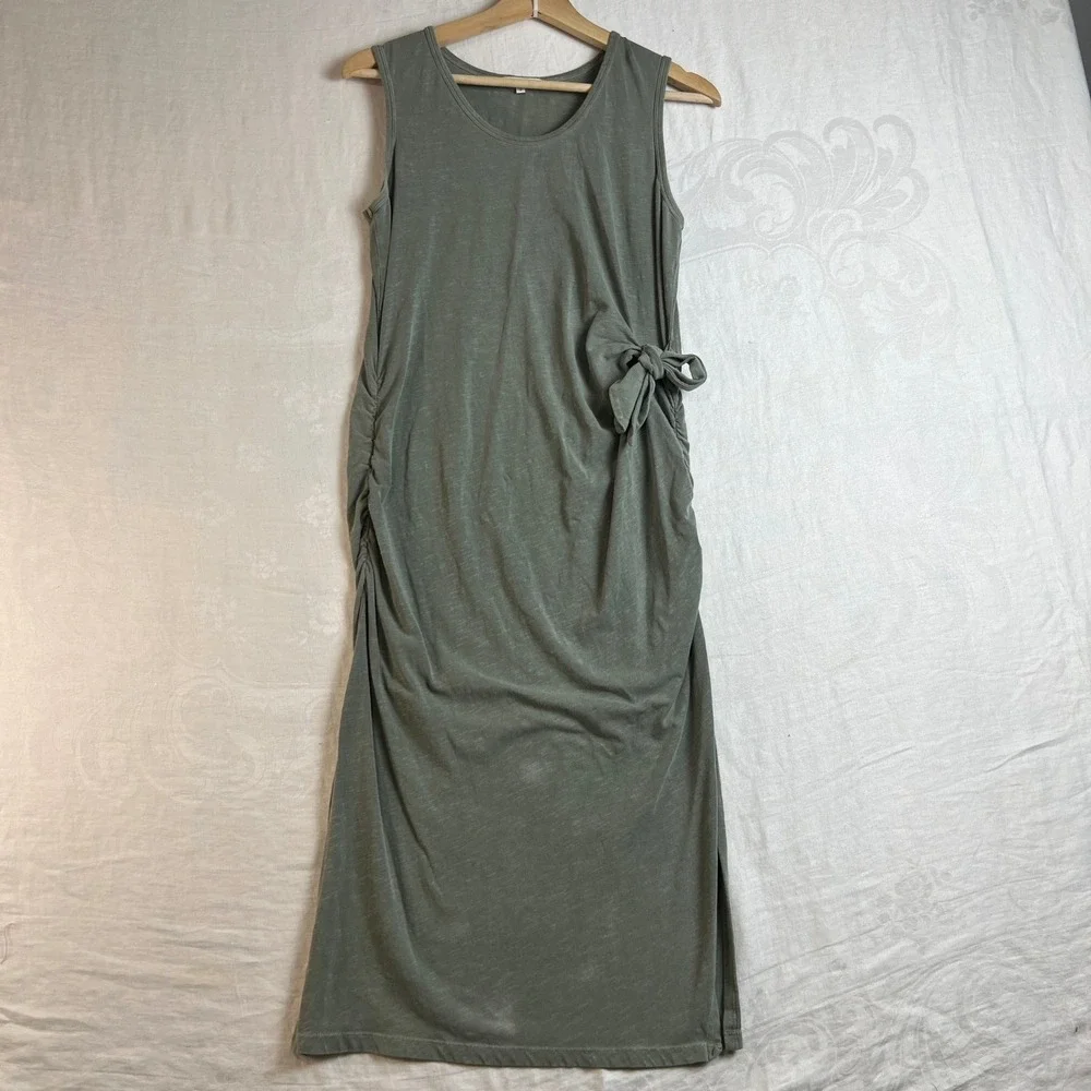 SUNDRY Maxi Dress Size 2 Ruched Side Tie Tank Olive‎ Green Made USA